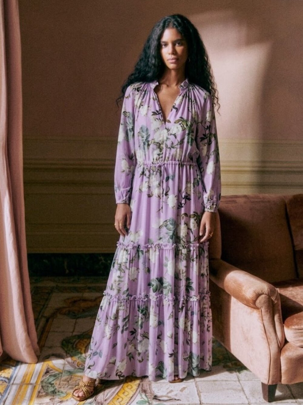 NicoBlu Lavender Floral-Print Long-sleeve V-Neck Tiered Viscose Maxi Dress Small